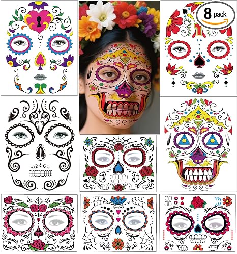 Halloween Temporary Face Tattoos Makeup Kit, Day of the Dead Sugar Skull Floral Black Skeleton Web Red Roses Full Face Mask Stickers Tattoo Families Party Supplies - skull sticker