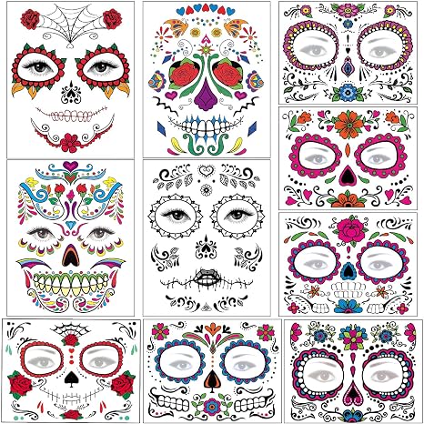 Halloween Temporary Face Tattoos Makeup Kit, Day of the Dead Sugar Skull Floral Black Skeleton Web Red Roses Full Face Mask Stickers Tattoo Families Party Supplies - skull sticker