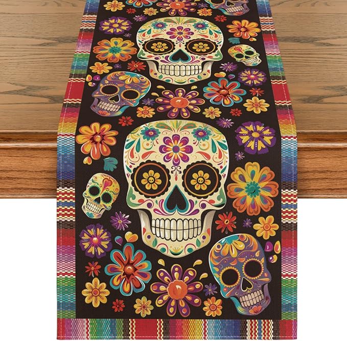 Artoid Mode Flowers Sugar Skull Mexican Day of The Dead Table Runner, Dia De Los Muertos Kitchen Dining Table Decoration for Home Party Decor 13x36 Inch - skull plate