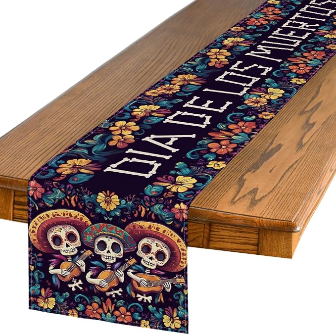 Artoid Mode Hats Guitar Sugar Skull Mexican Dia De Los Muertos Table Runner, Day of The Dead Fiesta Themed Kitchen Dining Table Decoration for Home Party Decor 13x72 Inch - skull coaster