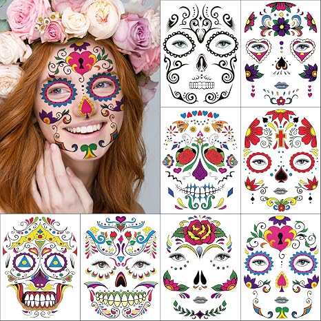 Halloween Temporary Face Tattoos Makeup Kit, Day of the Dead Sugar Skull Floral Black Skeleton Web Red Roses Full Face Mask Stickers Tattoo Families Party Supplies - skull sticker