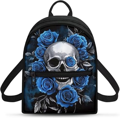 Blue Rose Skull Women's Backpack Anti-Theft Small Water-Resistant Shoulder Bag with Zippers for City Travel, Office Mini Backpack Purse - sugar skull handbags for sale