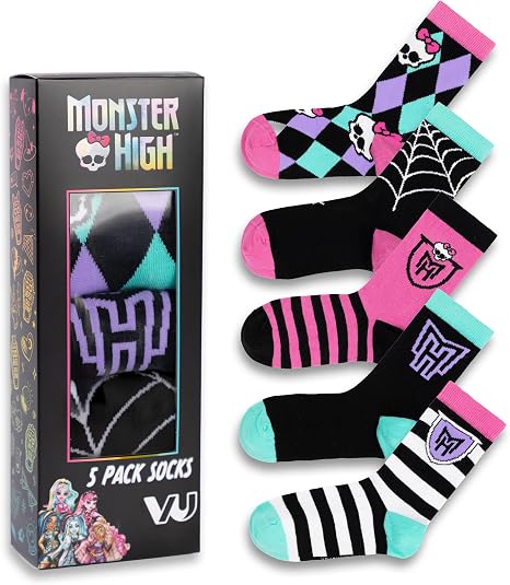 Monster High Girls Multicoloured Skulls and Stripes Calf Socks | Set of 5 Pairs | Fun Patterns with Logo - skull swimsuit