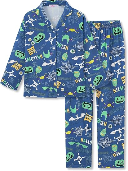 Tebbis Boys Pajamas Novelty Prints Button-Up Long Sleeve 2-Piece Size 6-18 - skull pajamas