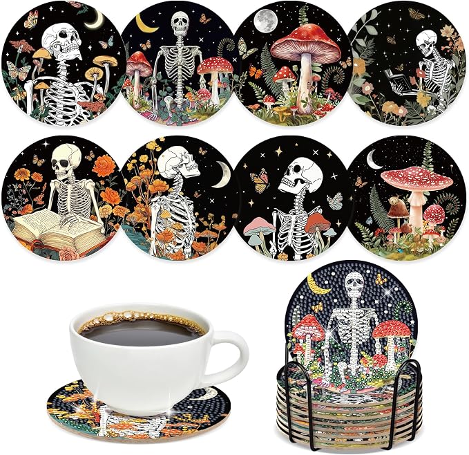 Sitsink Skull Diamond Art Coasters - 8 Pcs DIY Skull Flowers Mushroom Diamond Painting Coasters Kits with Holder for Adults Beginners Gifts Halloween Crafts Supplies - skull coaster