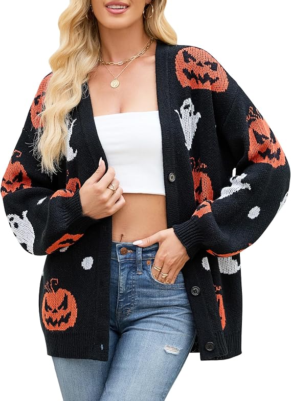 Cardigan Sweaters for Women Halloween Pumpkin Ghost Outerwear Tops - skull jacket