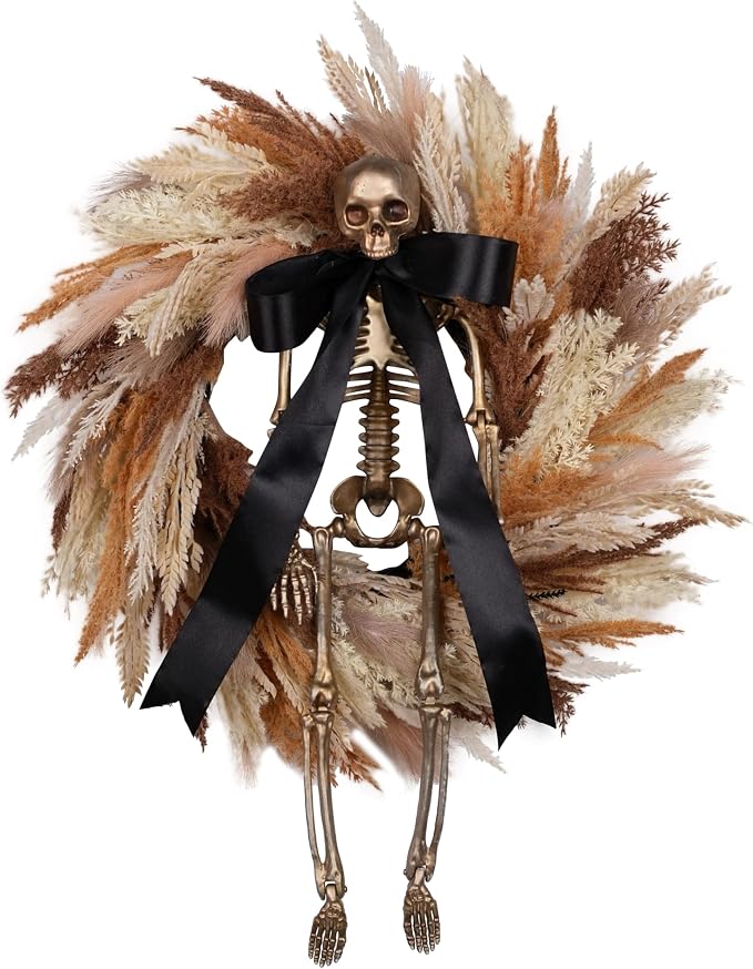 Halloween Wreath for Front Door 24 Inch with Faux Wheat Pampas Grass Gold Skull Skeleton Black Bow, Boho & Scary Fall Halloween Holiday Wreath Decoration for Home Door Wall Indoor/Outdoor - skull wreath