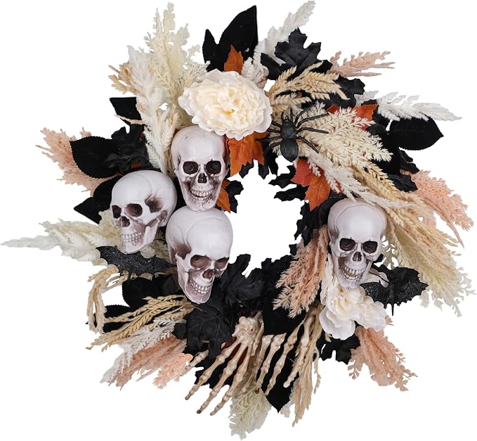 24" Halloween Wreath for Front Door with Artificial Skulls, Wheat, Maple Leaves and White Peonies - Fall Halloween Holiday Decoration for Home Door Wall Indoor/Outdoor - skull wreath
