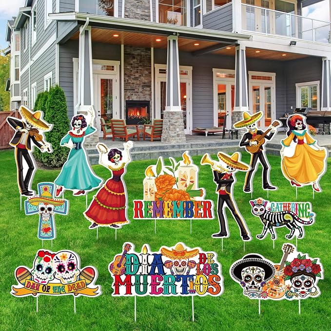 12 Pcs Day of the Dead Yard Signs, Dia De Los Muertos Sugar Skull Decor