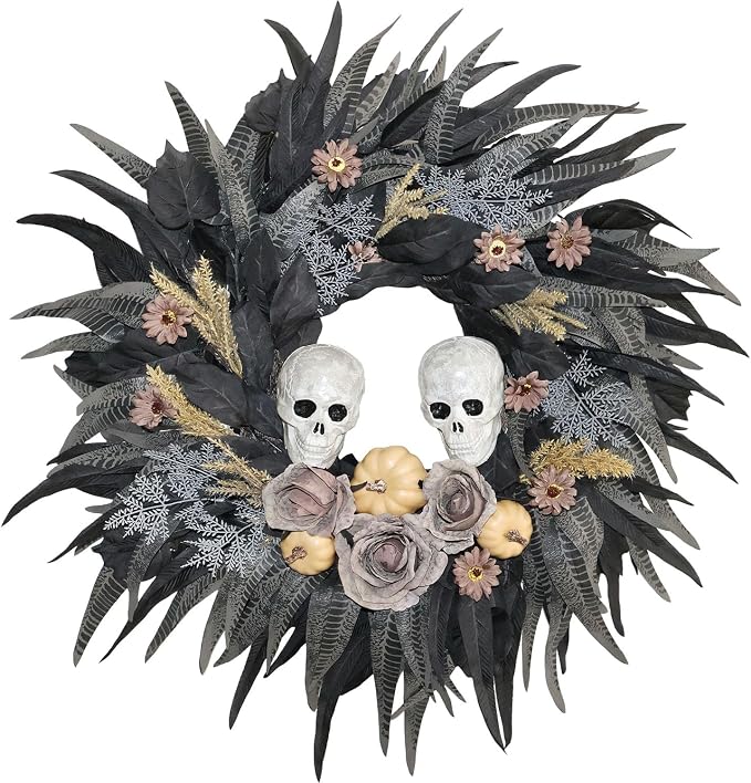 24″ Halloween Wreath with 2 Skulls, 3 Pumpkins and Withered Roses