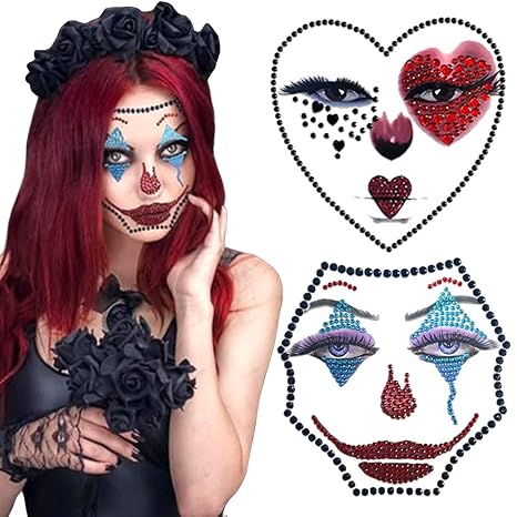 2 Pack Halloween Face Gems Jewels,Day of the Dead Decorations,Clown Makeup Body Gems Stickers Halloween Temporary Face Tattoos,Halloween Cosplay Festival Rave Face Stickers - skull sticker