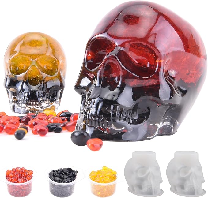 3D Skull Silicone Molds Set with 3 Color Crystal Gemstones - Flexible Crystal Molds for Resin Epoxy, Candle Wax, Soap & Clay, Halloween DIY Crafts, Home Decor (2Pack) - skull ashtray