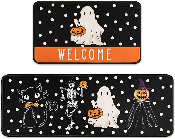 Halloween Welcome Kitchen Rugs Set of 2, Halloween Decorations Non Slip Backing Black Cat Pumpkin Ghost Skull Kitchen Mats for Floor Holiday Rug Halloween Decor for Home 17"X47"+17"X30" - skull floor mat
