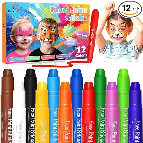 Drawdart Face Painting Kit for Kids, 12Pcs XL Face and Body Paint Crayons| 12 Vibrant Colors Safe and Washable Face Paint Sticks for Adults Kids Party, Halloween Makeup, School Event, Cosplay