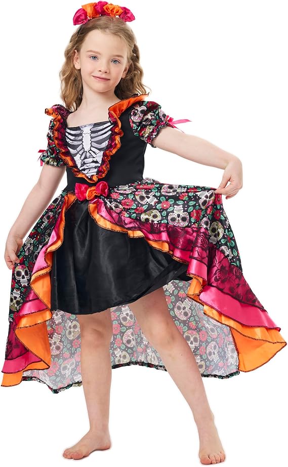 Day of the Dead Dress Kid Sugar Skull Catrina Costume Girl with Floral Headpiece Gift for Halloween Party - sugar skull dress