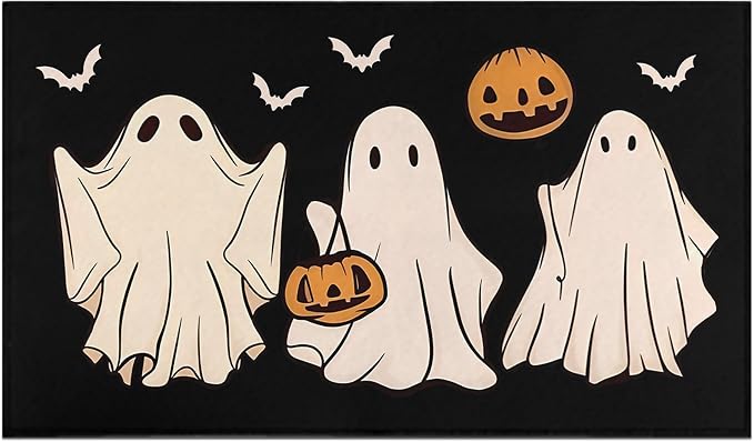 Ghost Halloween Door Mat Outdoor Non-Slip Spooky Front Door Mat Halloween Decorations for Home Indoor Outdoor Pumpkin Rug Low-Profile Welcome Doormat for Halloween Decor 17"x30" - skull door mat