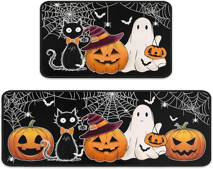 Halloween Kitchen Rugs Set of 2, Halloween Decorations for Home Non Slip Backing Cats Pumpkin Boo Kitchen Mats for Floor Holiday Rug Spooky Decor Party Gifts 17″X47″+17″X30″