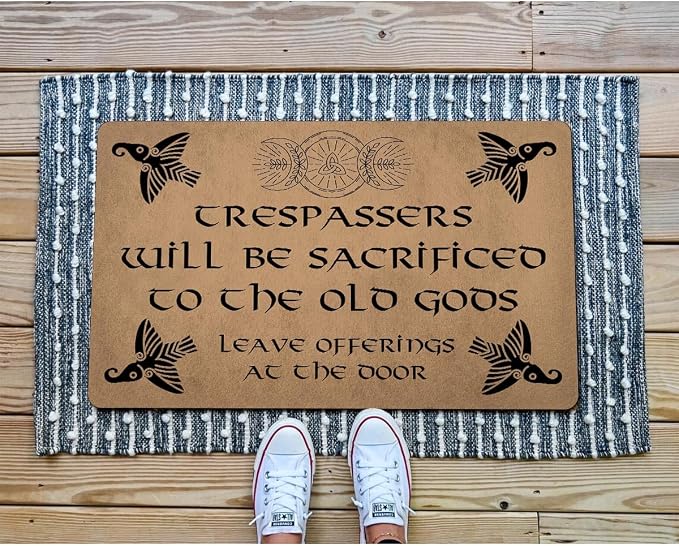 Funny Welcome Doormat For Entrance Way Porch Decor Mat Anti-Slip Novelty Gift 23.7"(L) x 15.9"(W) (Mystical Triple Moon Trespassers Will Be Sacrificed to the Old Gods Norse Wiccan Home Decor) - skull door mat