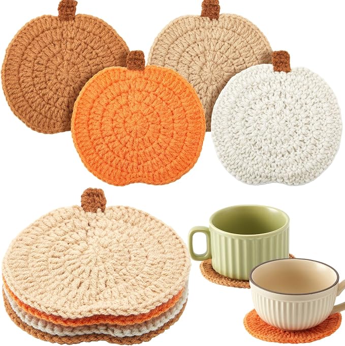 4 Pcs Fall Crochet Coasters, Orange,Brown,Terracotta,Beige, Pumpkin - skull coaster