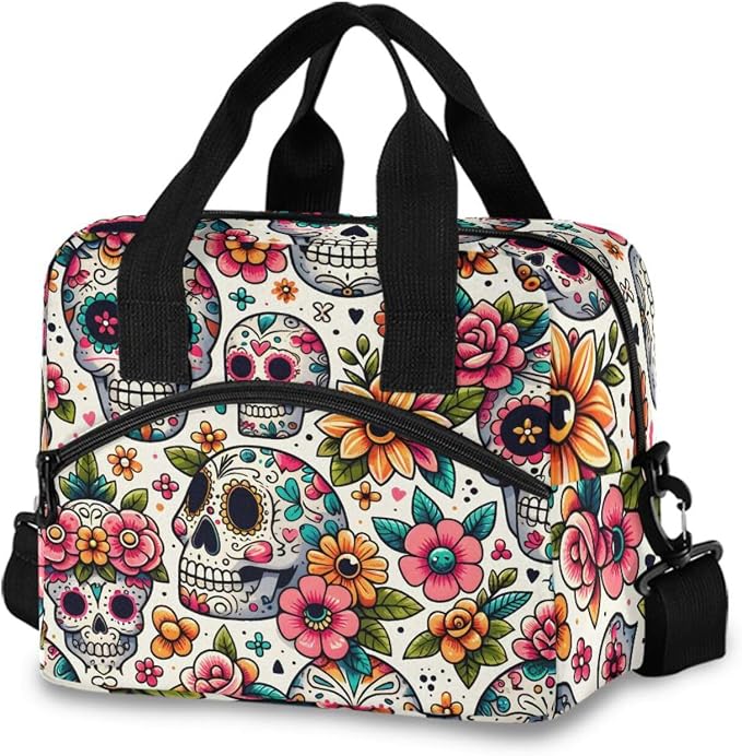 ALAZA Sugar Skull Day Of Dead Flower Insulated Lunch Bag Box Reusable Cooler Bags with Shoulder Strap for Women Men Adult Kids, 19-Can (12.5L) - sugar skull handbags for sale