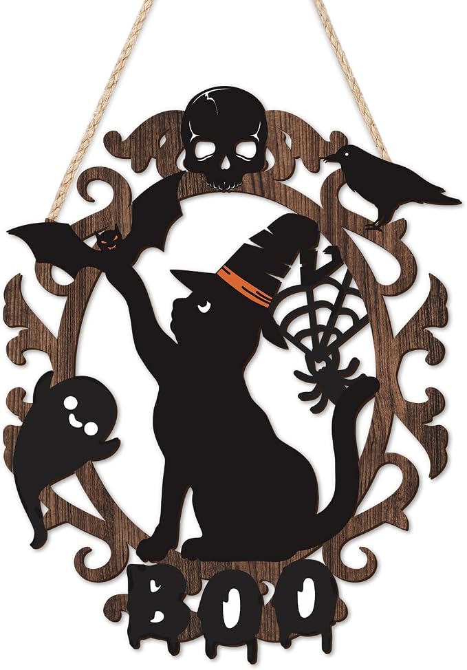 LHIUEM Black Cat Halloween Decoration,Halloween Cute Ghost Wooden Sign(9”X11”) Black Cat Wall Hanger,BOO Spooky Sign,Hollow Out Witch Skull Decor,BOO Bat Hat Door Wreath for Porch Home Room Party - skull wreath