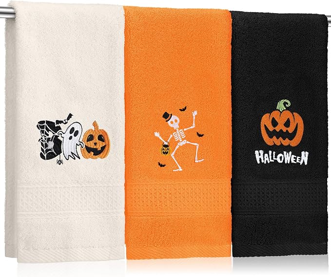 SmoothNovelty 3 Pcs Halloween Hand Towels for Bathroom Embroidered Cotton - skull toilet paper
