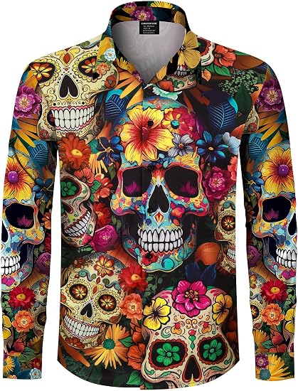 Men's Novelty Holiday Long Sleeve Button Down Shirts - skull tshirt