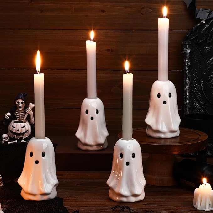 Mumufy 4pcs Ceramic Halloween Ghost Candlestick Holders Cute Candle Holders - skull candle