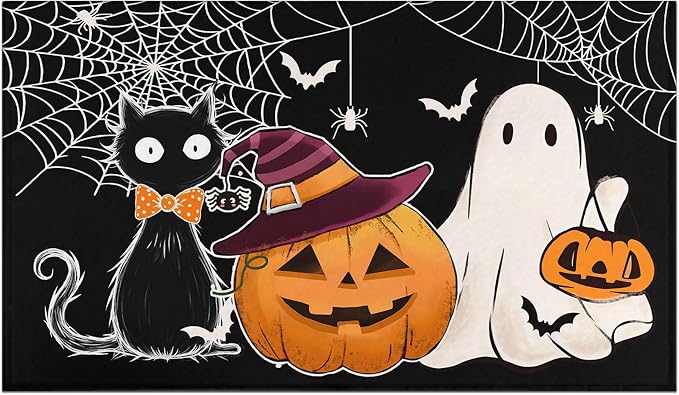 Halloween Door Mat Outdoor Non-Slip Spooky Front Door Mat Halloween Decorations for Home Indoor Outdoor Rug Low-Profile Cat Pumpkin Welcome Doormat for Spooky Decor 17"x30" - skull floor mat
