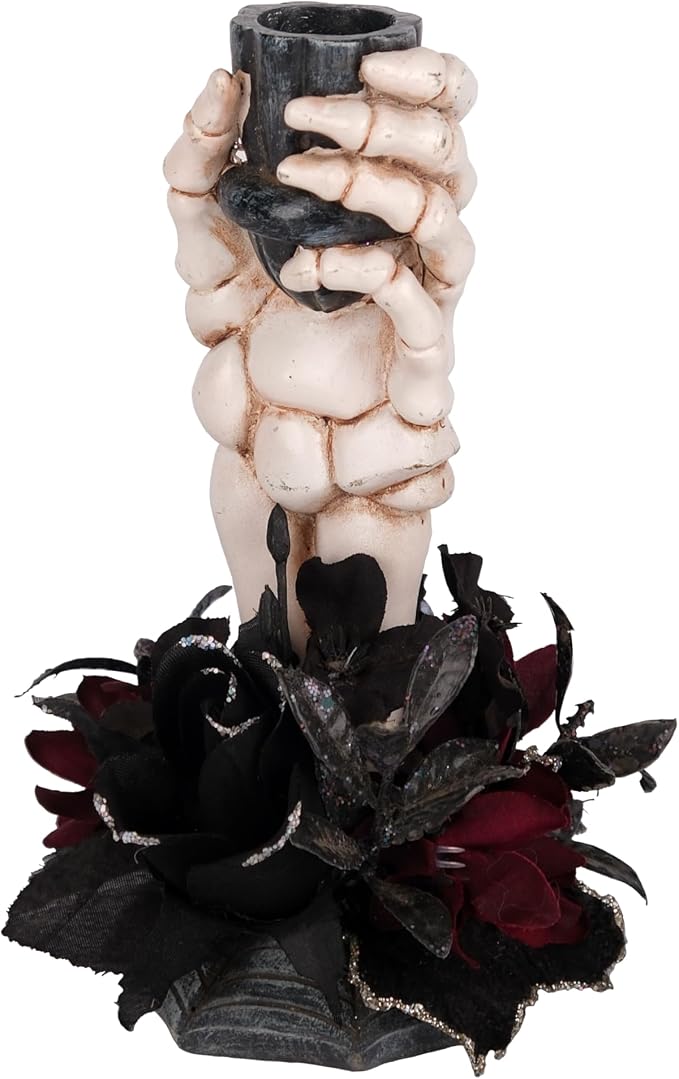 Halloween Candle Holder, Resin Skeleton Hand Candlestick with Black Faux Flower, Halloween Decor for Home Table, 7" Height - skull candle