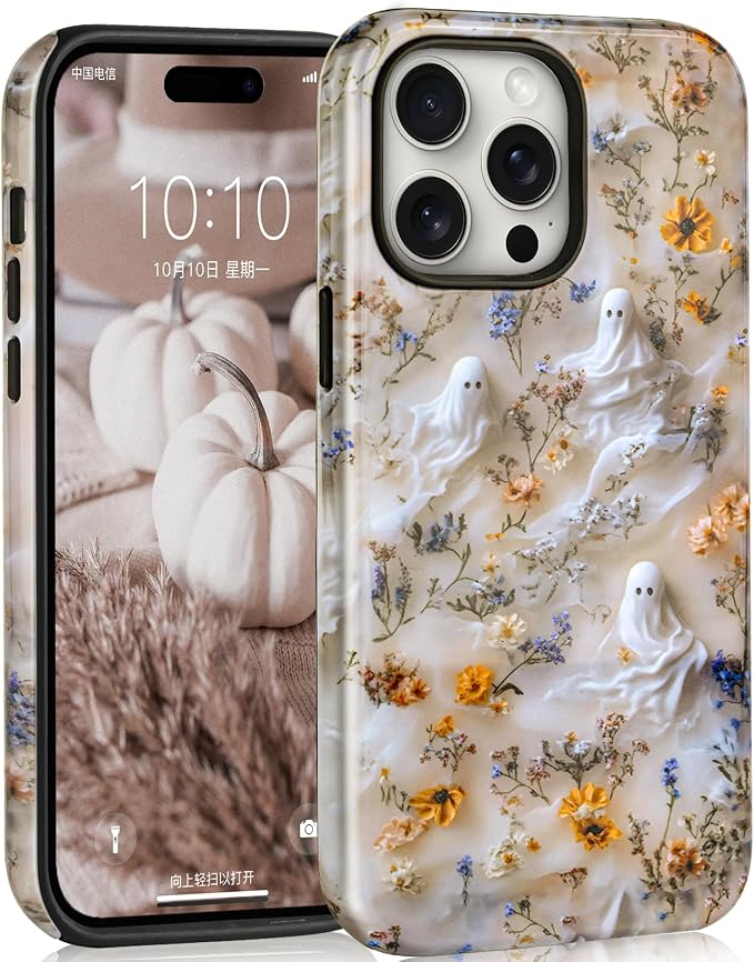 Halloween Skull Cases for iPhone 16 Pro Max, Cute Kawaii Aesthetic Trendy Stylish Floral Ghost Phone Cover Protective Shockproof Phone Case
