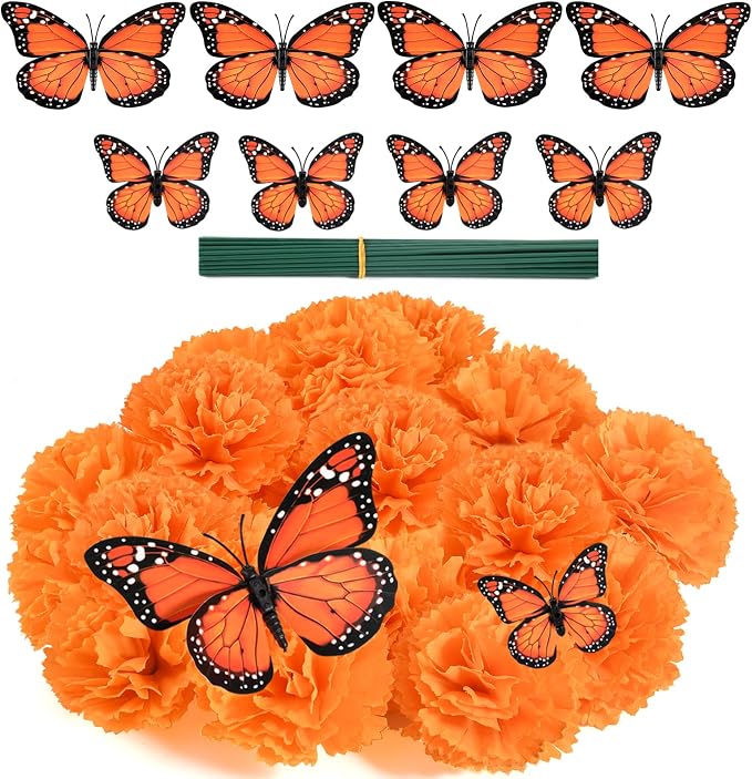 Artificial Marigold Flower Heads,Marigold Heads Bulk and 12 Monarch Butterfly for Dia De Los Muertos Diwali Decorations for Home Wreath Garland DIY Day of The Dead Altar Decor Orange - skull wreath