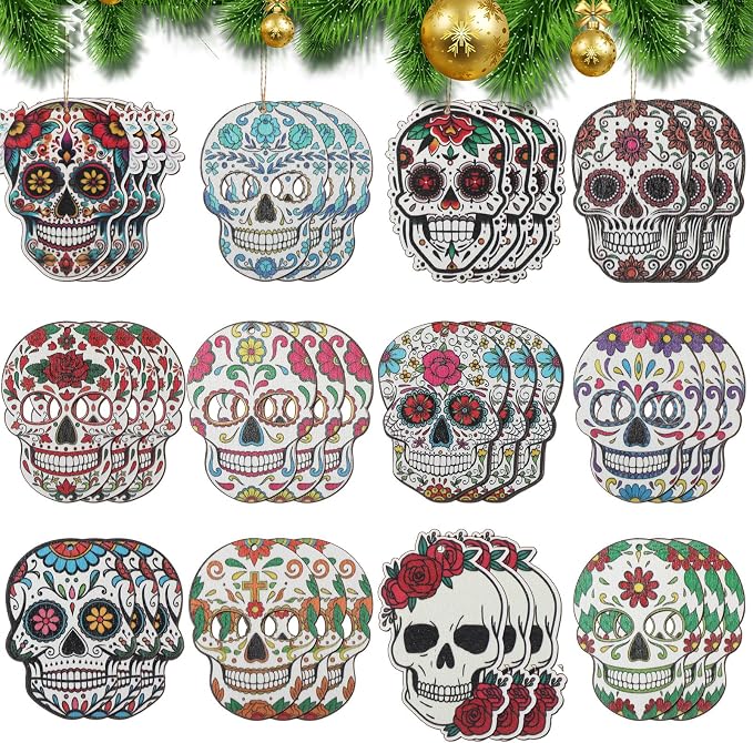 Vercraft 36 Pcs Day of The Dead Wood Sugar Skulls Decor - skull wreath