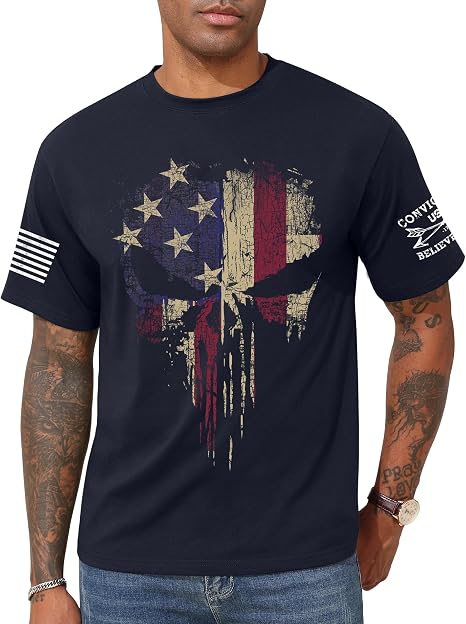 KESIHAN American Flag Skull Punisher Shirt Men's Patriotic Graphic T-Shirt - skull tshirt