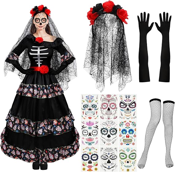 Xaatren 5 Pcs Women Day of the Dead Costume Set Halloween Cosplay - sugar skull dress