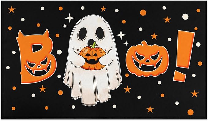 Halloween Door Mat Outdoor for Front Door, Boo Halloween Welcome Doormat Non-Slip Washable Halloween Decorations for Home Spooky Ghost Entrance Rug for Indoor Outdoor 17 x 30 Inch - skull floor mat