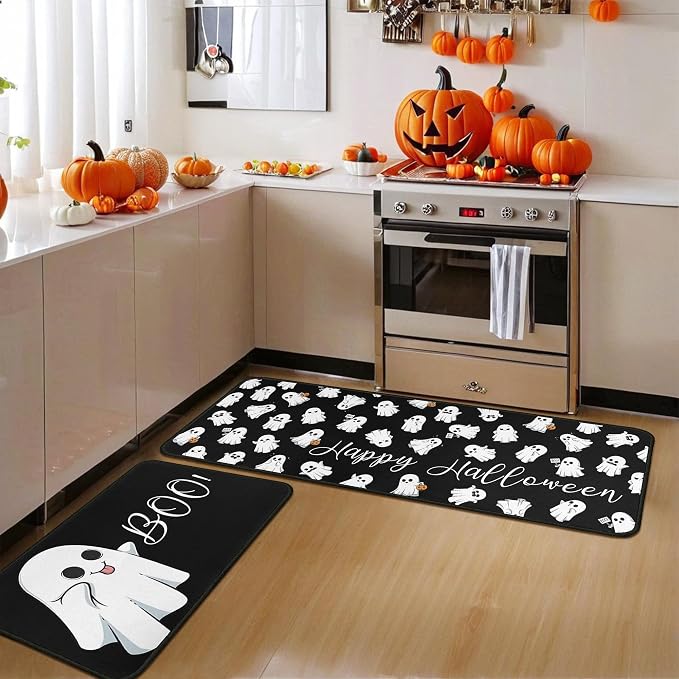 Happy Halloween Pumpkin Spooky Ghost Boo Black Decoration Kitchen Rugs and Mats Set of 2, Non Slip Absorbent Kitchen Floor Mats for Home Halloween Party Decor 17" x47"+17"x30" - skull floor mat