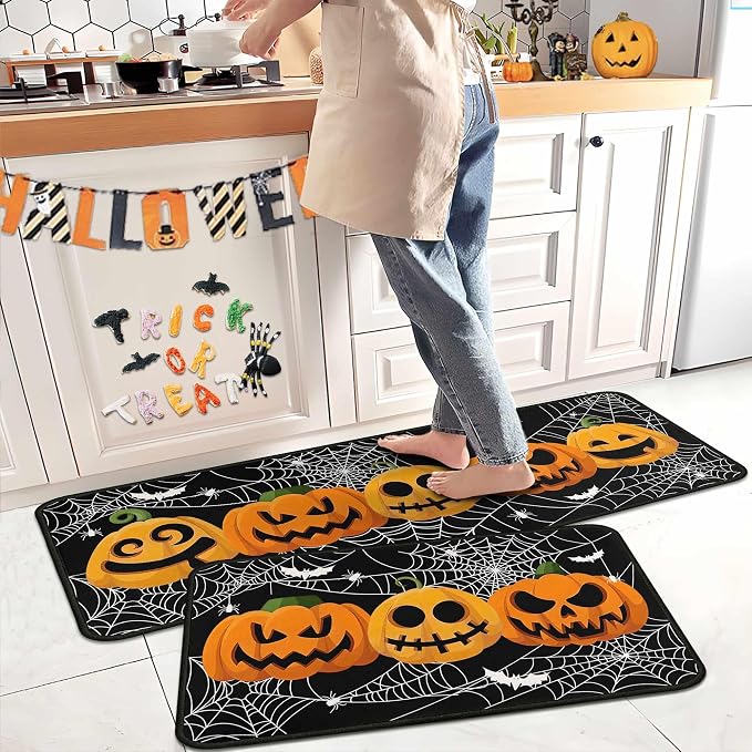 Halloween Pumpkin Spider Web Bat Decoration Kitchen Rugs and Mats Set of 2, Black Home Decor Low-Profile Kitchen Rugs for Floor 17" x47"+17"x30" - skull carpet
