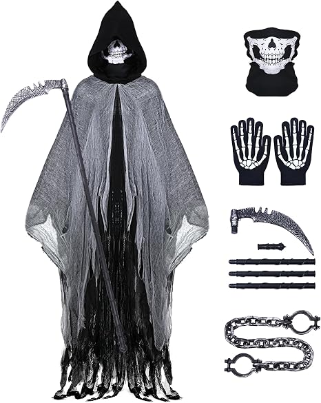 Grim Reaper Costume, Halloween Hooded Cloak, Scary Halloween Cosplay Costumes for Adult - sugar skull costume