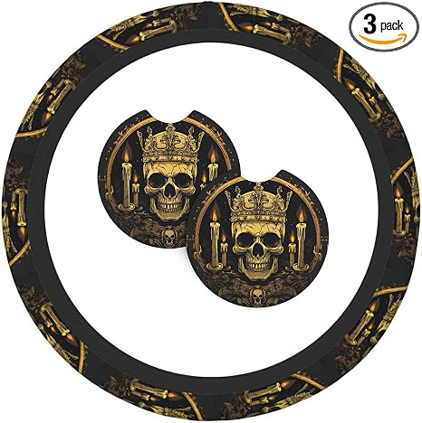Crown Skull 3 Pcs Steering Wheel Cover Decoration Set with 2 Coasters, Universal Non-Slip and Comfortable car Interior Set– Fits 14.5-15 Inch Steering Wheels Cover for Cars, SUVs, and Trucks - skull coaster