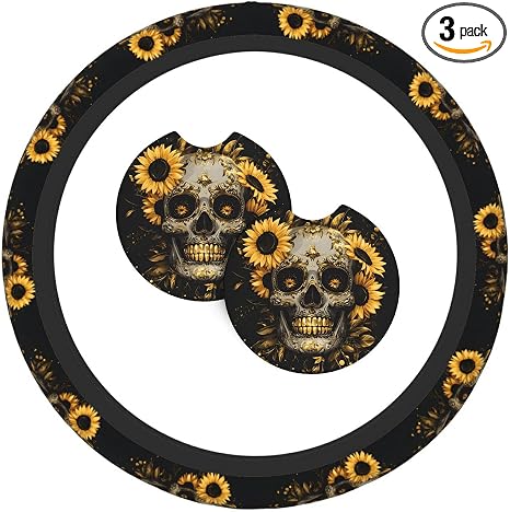 Sunflower Skull 3 Pcs Steering Wheel Cover Decoration Set with 2 Coasters, Universal Non-Slip and Comfortable car Interior Set– Fits 14.5-15 Inch Steering Wheels Cover for Cars, SUVs, and Trucks - skull coaster