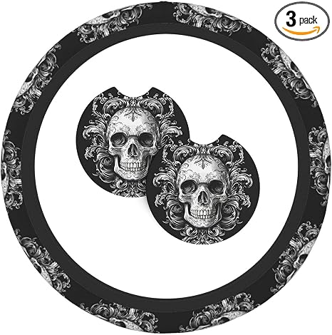 Black and white skull 3 Pcs steering wheel cover Decoration Set with 2 coasters, universal non-slip and comfortable car interior set– Fits 14.5-15 Inch Steering Wheels cover for Cars, SUVs, and Trucks - skull coaster