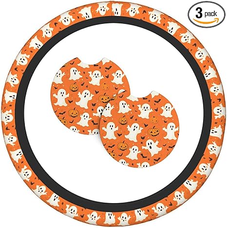 Halloween Pumpkin 3 Pcs Steering Wheel Cover Decoration Set with 2 Coasters, Universal Non-Slip and Comfortable car Interior Set– Fits 14.5-15 Inch Steering Wheels Cover for Cars, SUVs, and Trucks - skull coaster