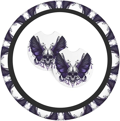 Death Moth Skull 3 Pcs Steering Wheel Cover Decoration Set with 2 Coasters, Universal Non-Slip and Comfortable car Interior Set– Fits 14.5-15 Inch Steering Wheels Cover for Cars, SUVs, and Trucks - skull coaster