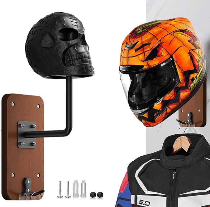 SANGMO Metal Skull Helmet Rack Wall Mount, Motorcycle Helmet Holder Wall Mount Bike with 2 Hooks for Motorcycle Bike Baseball Rugby Black (1 Pack) - skull helmet