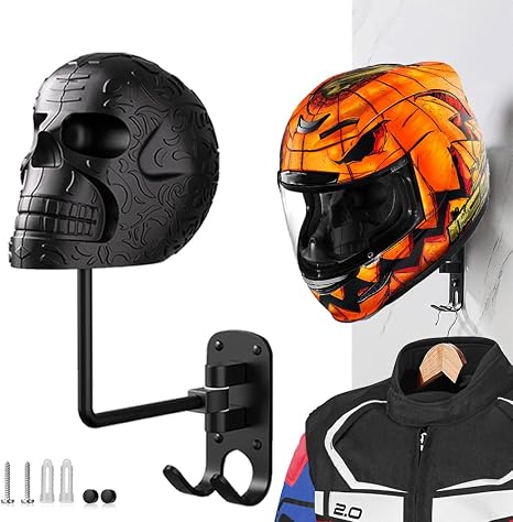 SANGMO Metal Skull Helmet Holder, Motorcycle Helmet Rack 180 Degree Rotation Wall Mount with 2 Hooks for Motorcycle Bike Baseball Rugby - Black - skull helmet