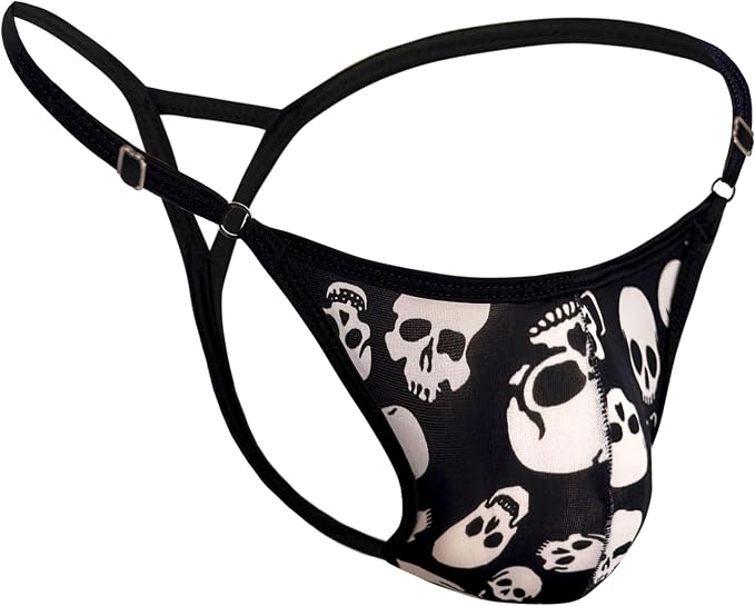 Men's two triangle thong black skull Underwear,Push up appearance Adjustable Straps, Butt-Lifting Design - skull swimsuit