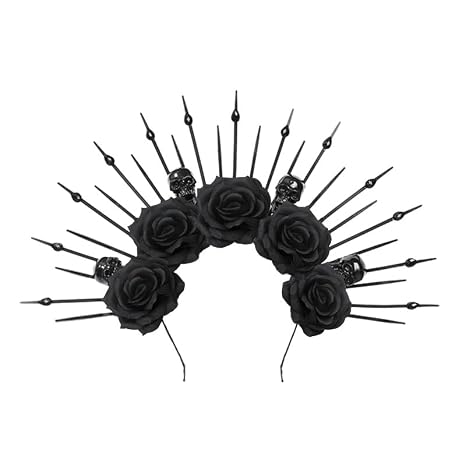 Halloween Black Rose Skull Goddess Halo Crown Headband for Women, Mexican Day of The Dead Gothic Flower Sunburst Headpiece Spiked Headdress for Halloween Carnival Party Cosplay Costume - sugar skull dress