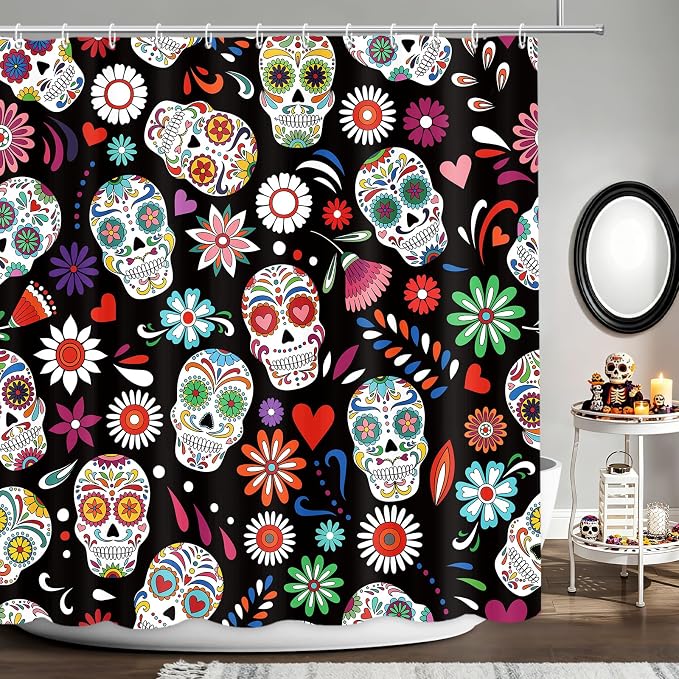 Sugar Skull Shower Curtain, Mexican Day of The Dead Shower Curtain, Halloween Black Skeleton Floral Graveyard Colorful Flowers Skeleton Hispanic Bathroom Decor with Hooks 72x72 in - skull toilet mat
