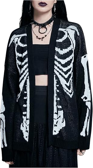 BEAUDRM Women's Skeleton Graphic Cardigan Sweaters Goth Open Front Long Sleeve Cardigan Coat - skull jacket